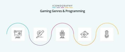 Gaming Genres And Programming Line 5 Icon Pack Including machine. engine. game. technology. robot vector