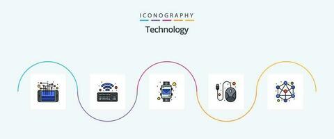 tecnología línea lleno plano 5 5 icono paquete incluso jerarquía. hardware. correo electrónico. ratón. computadora vector