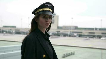 hembra aerolínea capitán piloto oficial en traje trabajando a aeropuerto terminal video