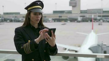 hembra aerolínea capitán piloto oficial en traje trabajando a aeropuerto terminal video