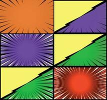 Comic book colorful frames background with halftone rays radial and dotted effects pop art style vector