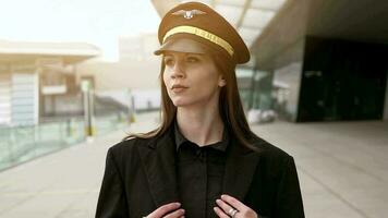 kvinna flygbolag kapten pilot officer i kostym arbetssätt på flygplats terminal video
