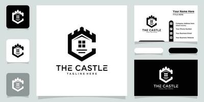 Vector illustration of castle logo design emblem, palace, fortress and business card design template Premium Vector