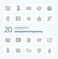 20 Gaming Genres And Programming Line icon Pack like handgun swords drawing warrior emblem vector