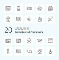 20 Gaming Genres And Programming Line icon Pack like handgun swords drawing warrior emblem vector