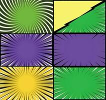 Comic book colorful frames background with halftone rays radial and dotted effects pop art style vector