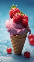 Ice cream cone waffle with strawberry topping background. photo