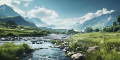 Mountain, river and sky copy space background. photo