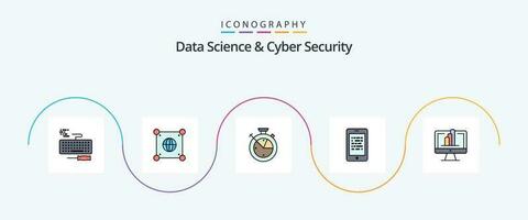 Data Science And Cyber Security Line Filled Flat 5 Icon Pack Including computer. secure. measure. data. mobile vector