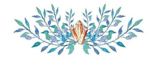 Decorative element for wedding. Aquarelle painting. Postcard decor . Leaves and crystals vector