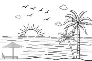 Summer sunset tropical beach line art vector illustration,hand drawn sunlight and sunrise outline landscape tropical beach, palm tree with sunset waves Nature view, Kids drawing Beach coloring pages