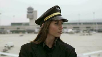 hembra aerolínea capitán piloto oficial en traje trabajando a aeropuerto terminal video
