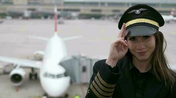 weiblich Fluggesellschaft Kapitän Pilot Offizier im passen Arbeiten beim Flughafen Terminal video