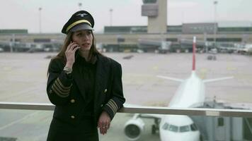 hembra aerolínea capitán piloto oficial en traje trabajando a aeropuerto terminal video