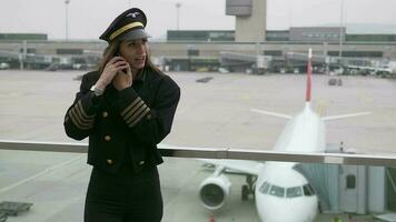 femmina linea aerea Capitano pilota ufficiale nel completo da uomo Lavorando a aeroporto terminale video