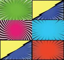 Comic book colorful frames background with halftone rays radial and dotted effects pop art style vector