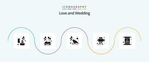 Wedding Glyph 5 Icon Pack Including invitation. video camera. wedding car. video. love vector