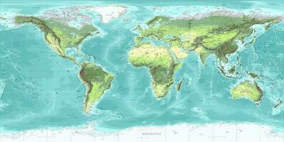 Detailed physical world map  Equirectangular projection vector
