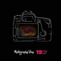 Camera with hand drawn design look from back view for world photography day template vector