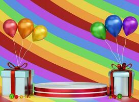 3d abstract background with realistic red,cylindrical podium with rainbow stripes lgbtq or pride flag.Rainbow LGBTQ podium photo