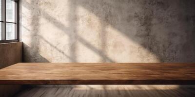 Wooden table and sun light grey wall copy space background, AI Generated photo