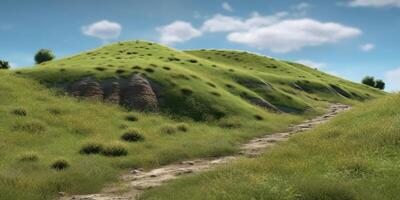 Green hills and valleys nature background, AI Generated photo