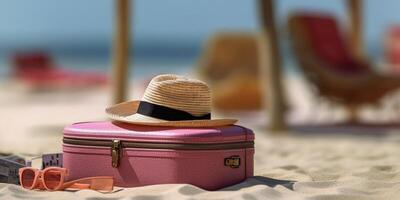 Straw hat and suitcase on beach sand holiday background. AI Generated photo