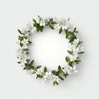 Circle made of white flowers and branches copy space background. photo