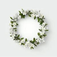 Circle made of white flowers and branches copy space background. AI Generated photo