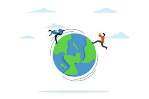 international work abroad concept, global business competitors, agile world change innovation, businessmen compete by escape and catch each other in the world, planet earth. flat vector illustration.