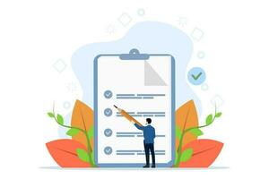 Businessman checking documents. Project tracking or goal tracker. Successfully completed part of checklist and progress well done. flat vector illustration on a white background.