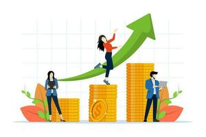 creciente ingresos y inversión, exitoso negocio ese crece y genera grande financiero devoluciones, negocio estrategia y analítica, pilas de dinero, oro dólar monedas plano vector ilustración.