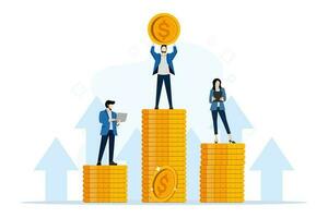 personas en pie a trabajar, en pie feliz, saltando, creciente pila de dinero, pago con el tiempo, salario, extra ingreso, ahorro dinero, plano vector ilustración en un blanco antecedentes.