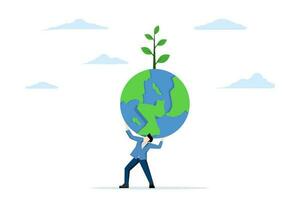 clima cambio y global calentamiento responsabilidad concepto, mundo líder compromiso a tomar cuidado de nuestra planeta tierra, empresario en atlas actitud que lleva verde globo con planta semillas en su hombro. vector