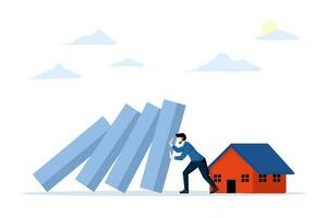 The housing crisis, the real estate market for properties is depressed. Slowdown in real estate prices. Businessman stop domino effect to protect house. flat vector illustration on a white background.