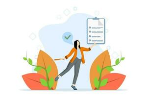 Businesswoman checking documents. Project tracking or goal tracker. Successfully completed part of checklist and progress well done. flat vector illustration on a white background.