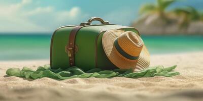Straw hat and green suitcase on beach sand holiday background. photo