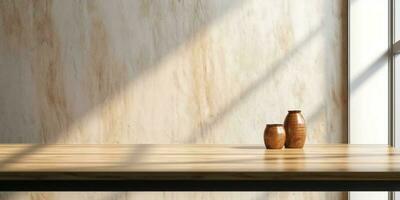 Wooden table and sun light grey wall copy space background, AI Generated photo