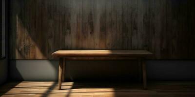 Wooden table and sun light black wall copy space background, AI Generated photo