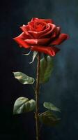 Red rose flower copy space blurred background. AI Generated photo