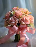 Pink rose flower bridal bouquet blurred background. AI Generated photo