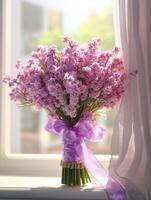 Statice flower wedding bouquet blurred background. AI Generated photo