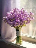 Statice flower wedding bouquet blurred background. AI Generated photo