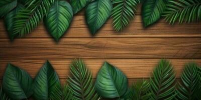 Wooden board and leaf copy space background. AI Generated, photo