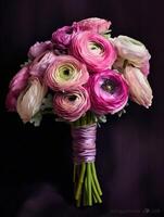 Ranunculus wedding bouquet flower on blurred window background. AI Generated photo