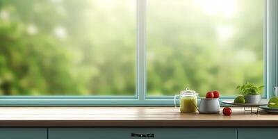 Wood table and window with plant with sun light copy space blurred background, AI Generated photo