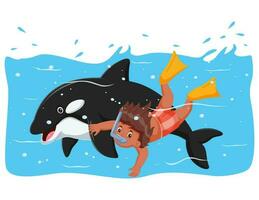 Kid Swimming With killer whale. Vector illustration