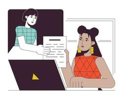 Remote working flat line concept vector spot illustration. Sharing colleagues online 2D cartoon outline characters on white for web UI design. Freelancer woman editable isolated color hero image