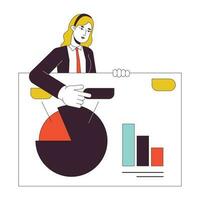 Office lady with business presentation slide flat line concept vector spot illustration. Analytics expert 2D cartoon outline character on white for web UI design. Editable isolated color hero image