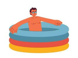 Hispanic sunglasses man in inflatable swimming pool semi flat color vector character. Pool guy relaxing. Editable full body person on white. Simple cartoon spot illustration for web graphic design